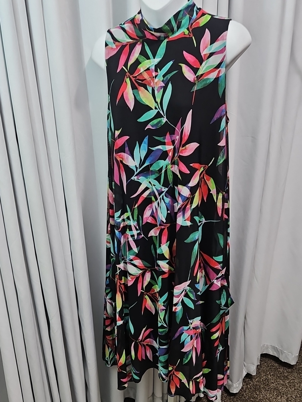 Joseph Ribkoff Tropical Leaf Print Sleeveless Mock Neck Midi Dress Size 12 Made